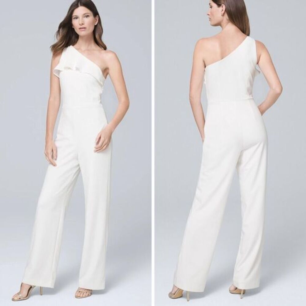 NEW White House Black Market white one shoulder ruffle‎ jumpsuit, 12